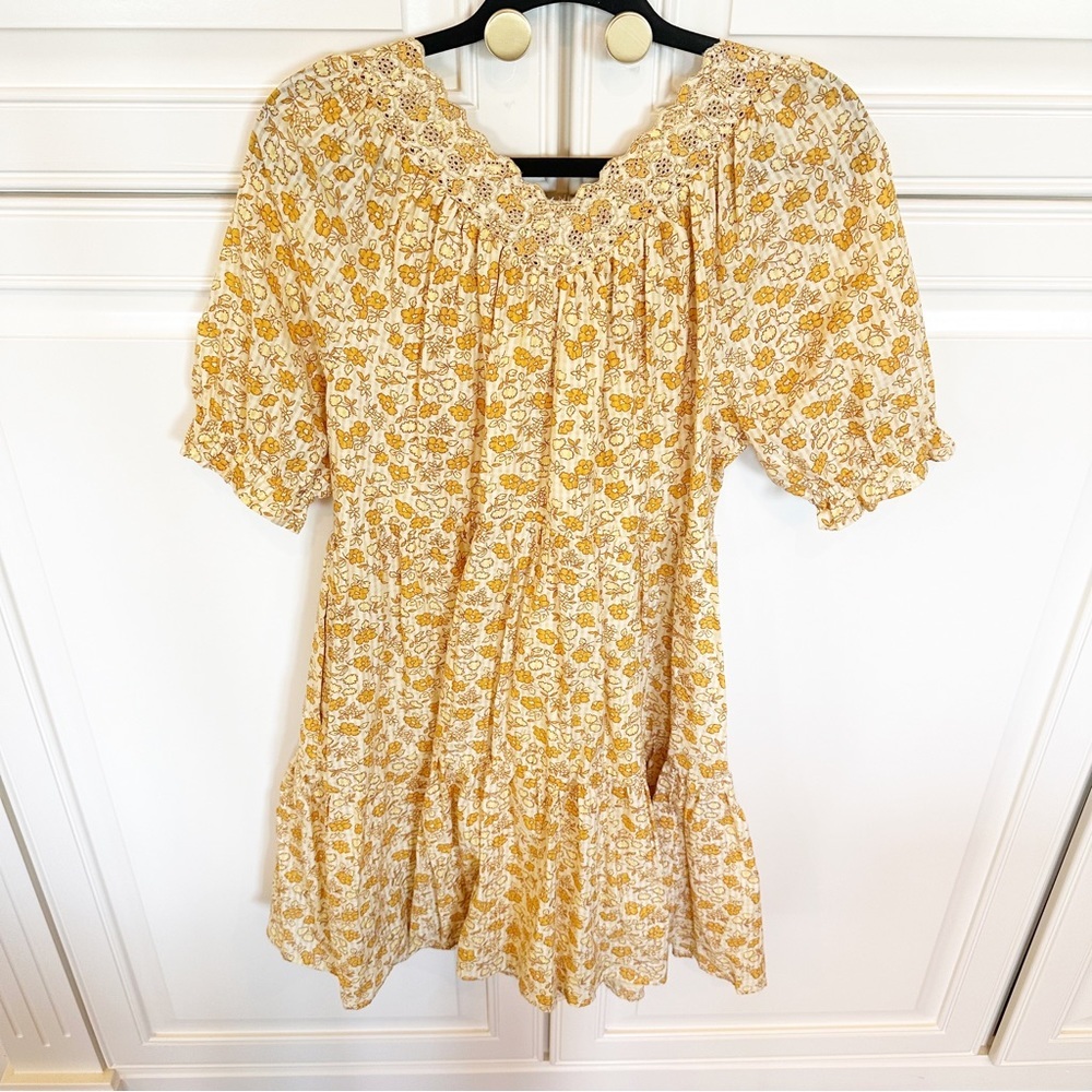 Madewell Women’s Eyelet Trim Tiered Mini Dress Gold Piccola Floral Puff Sleeve S - Picture 14 of 14